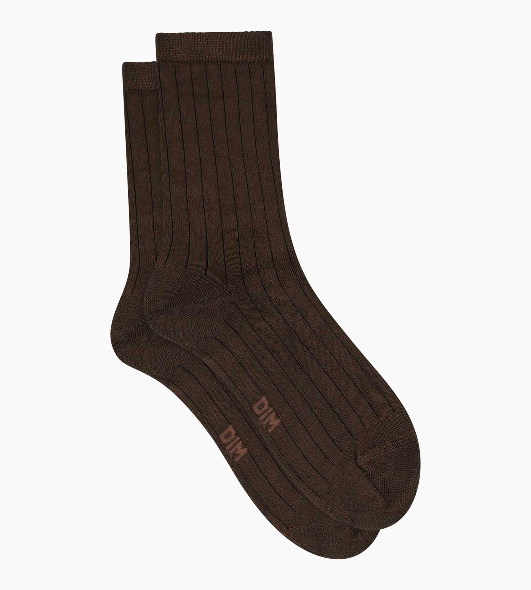 Chaussettes femme côtelées en coton satiné Marron Dim Mode - Image 2
