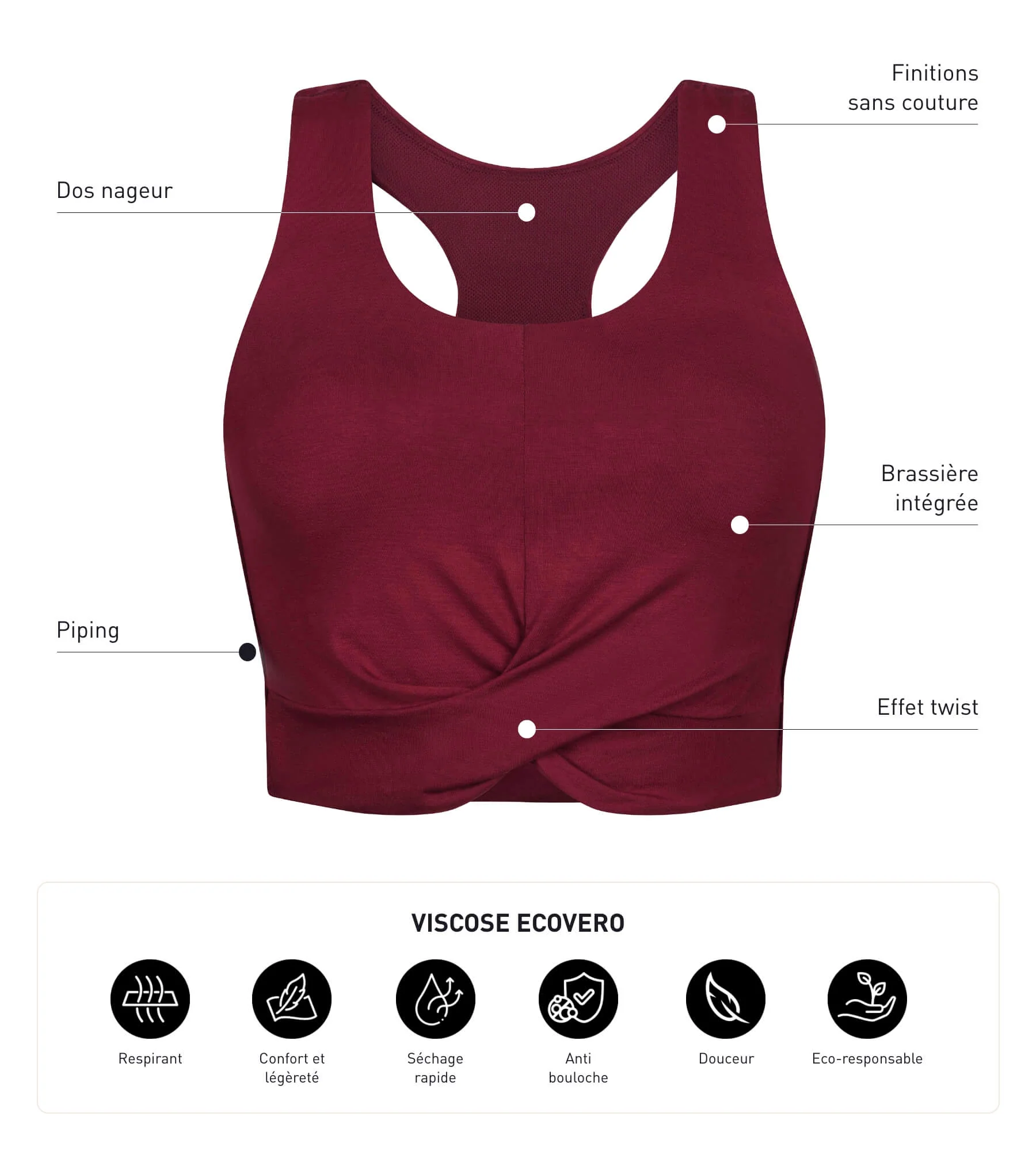 Débardeur de sport femme Bordeaux avec brassière intégrée Dim Move - Image 7