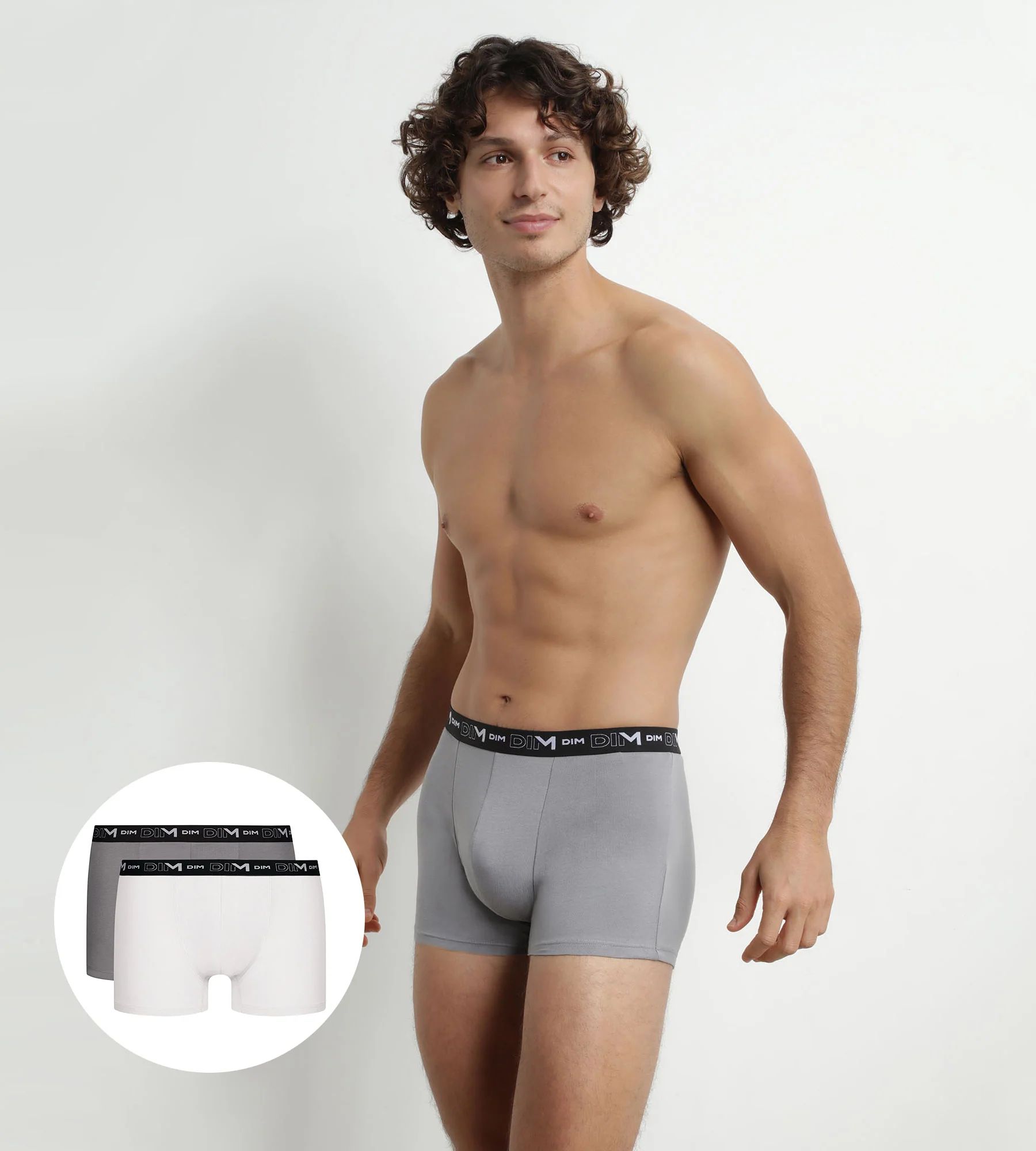 Lot de 2 Boxers homme Blanc Gris ceinture contrastée Dim Coton Stretch