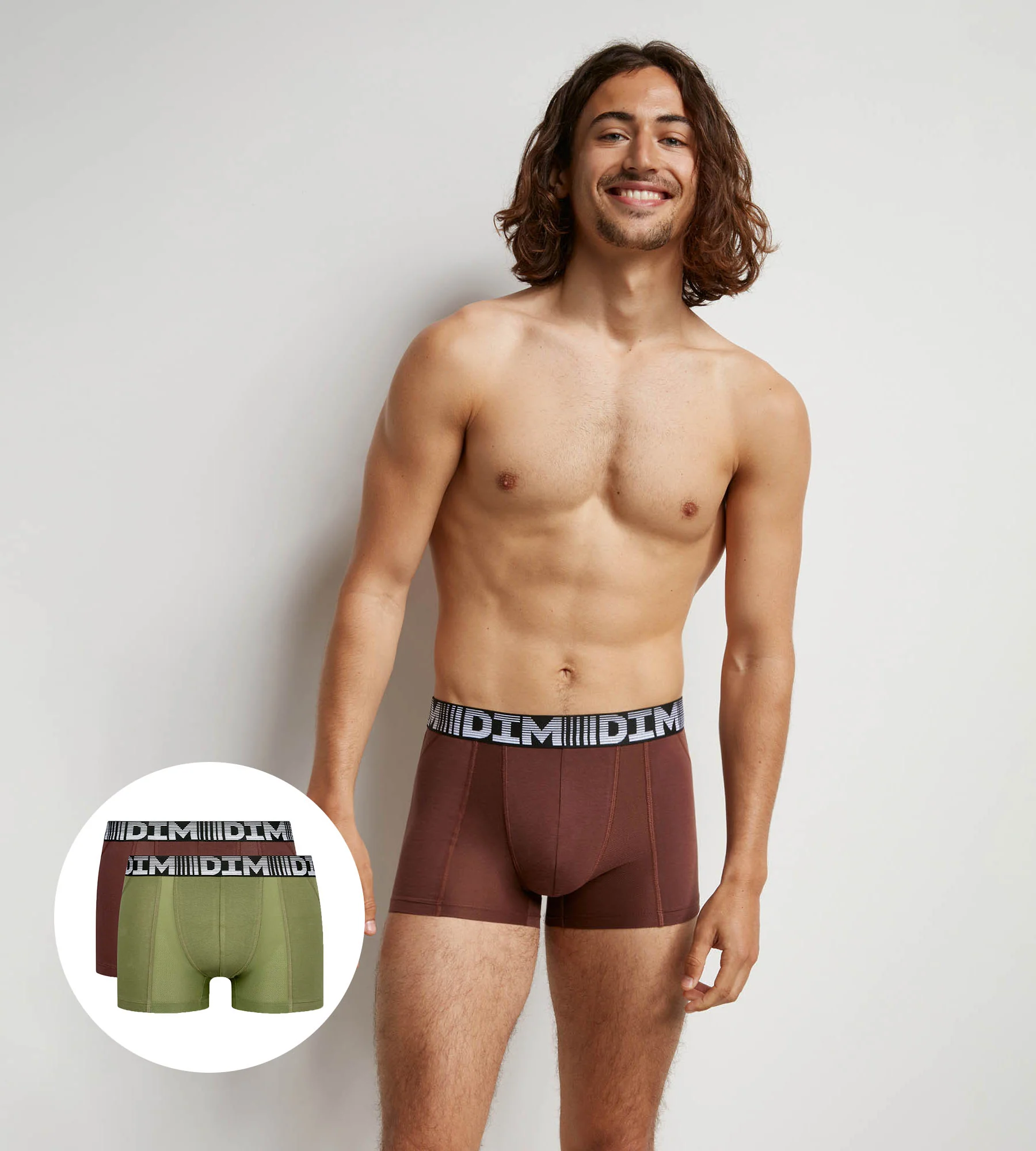 Lot de 2 boxers homme respirants coton et lycra Kaki 3D Flex Air