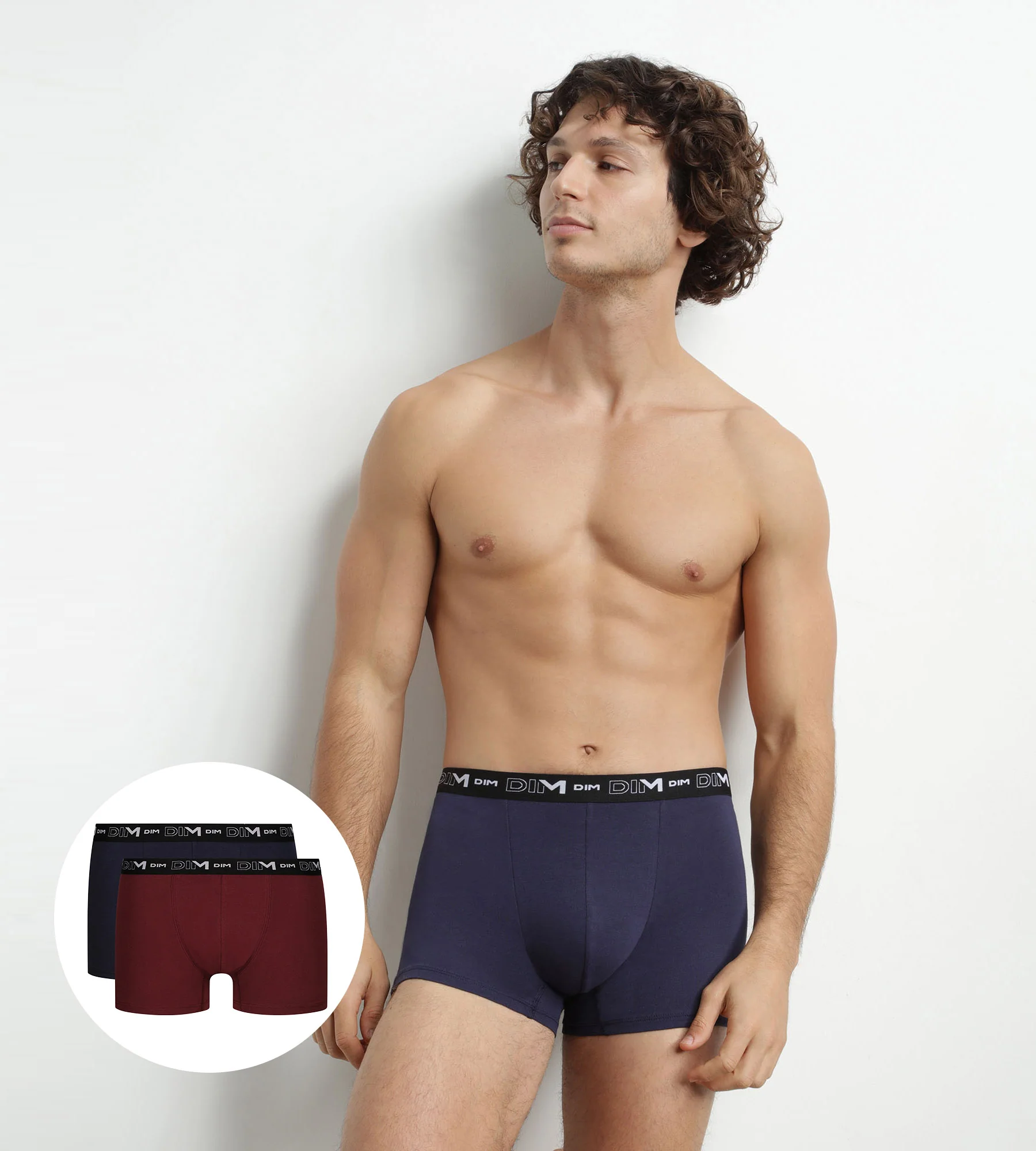 Lot de 2 Boxers homme Rouge Bleu ceinture contrastée Dim Coton Stretch