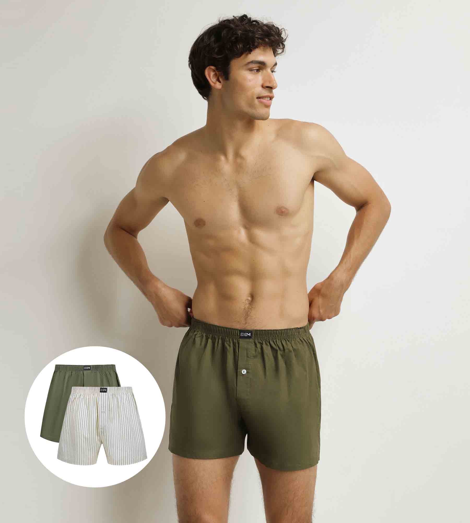 Lot de 2 caleçons homme Beige rayé Vert Coton Stretch