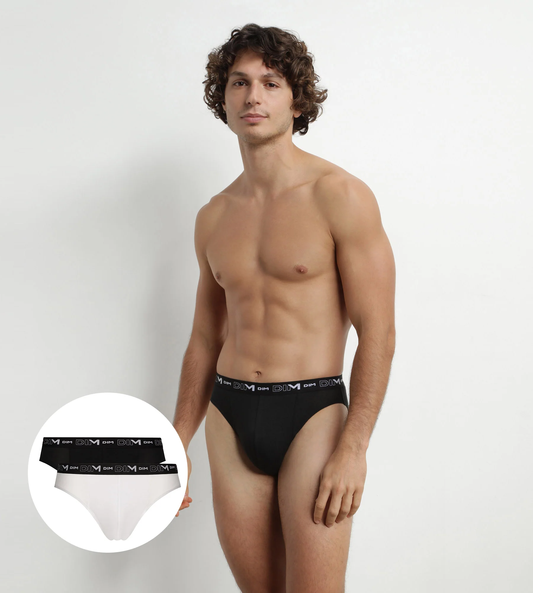 Lot de 2 slips homme Noir Blanc ceinture contrastée Dim Coton Stretch