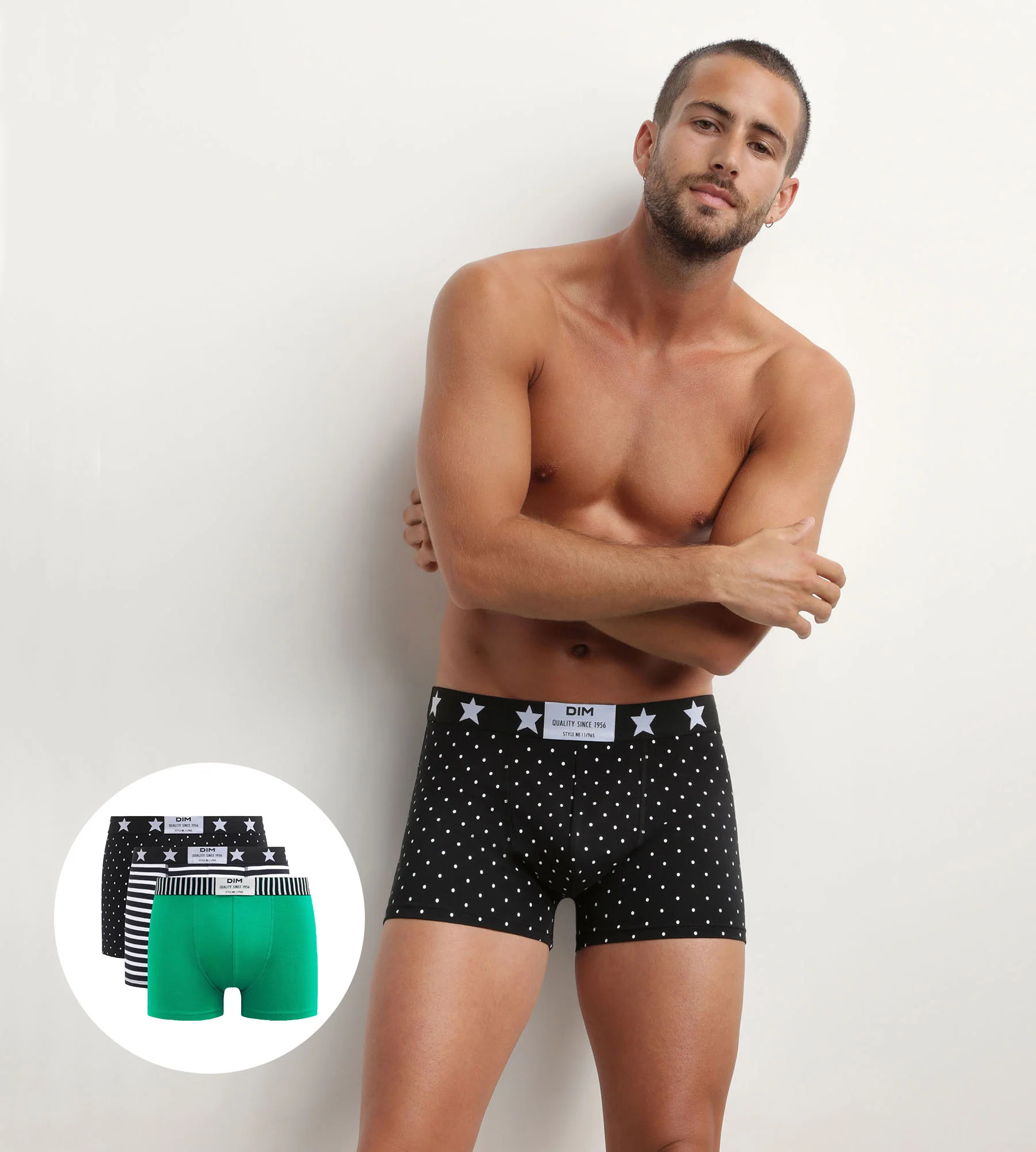 Lot de 3 boxers homme coton stretch à imprimés pois rayures Dim Vibes