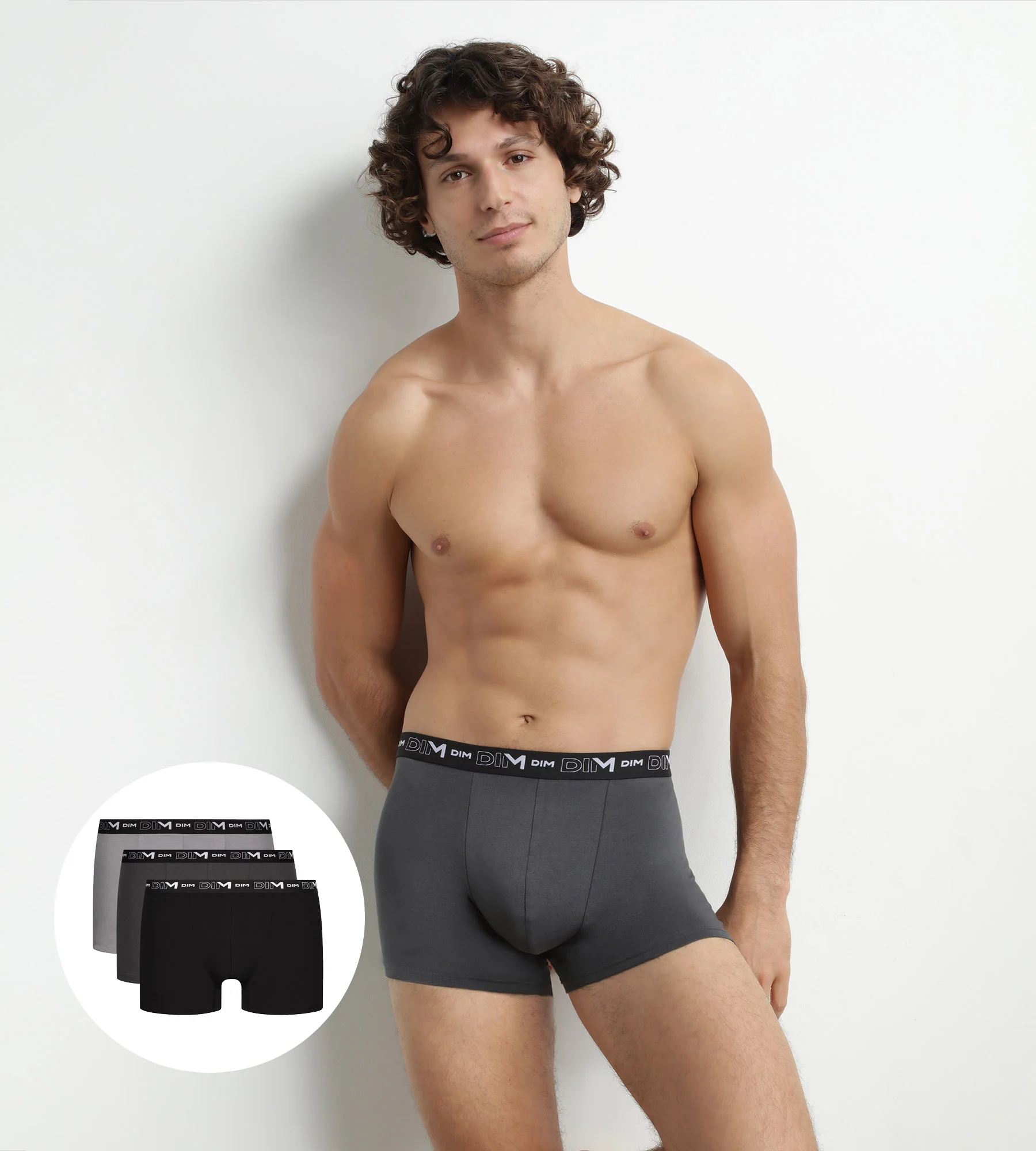 Lot de 3 boxers homme en coton Noir Gris Dim Coton Stretch