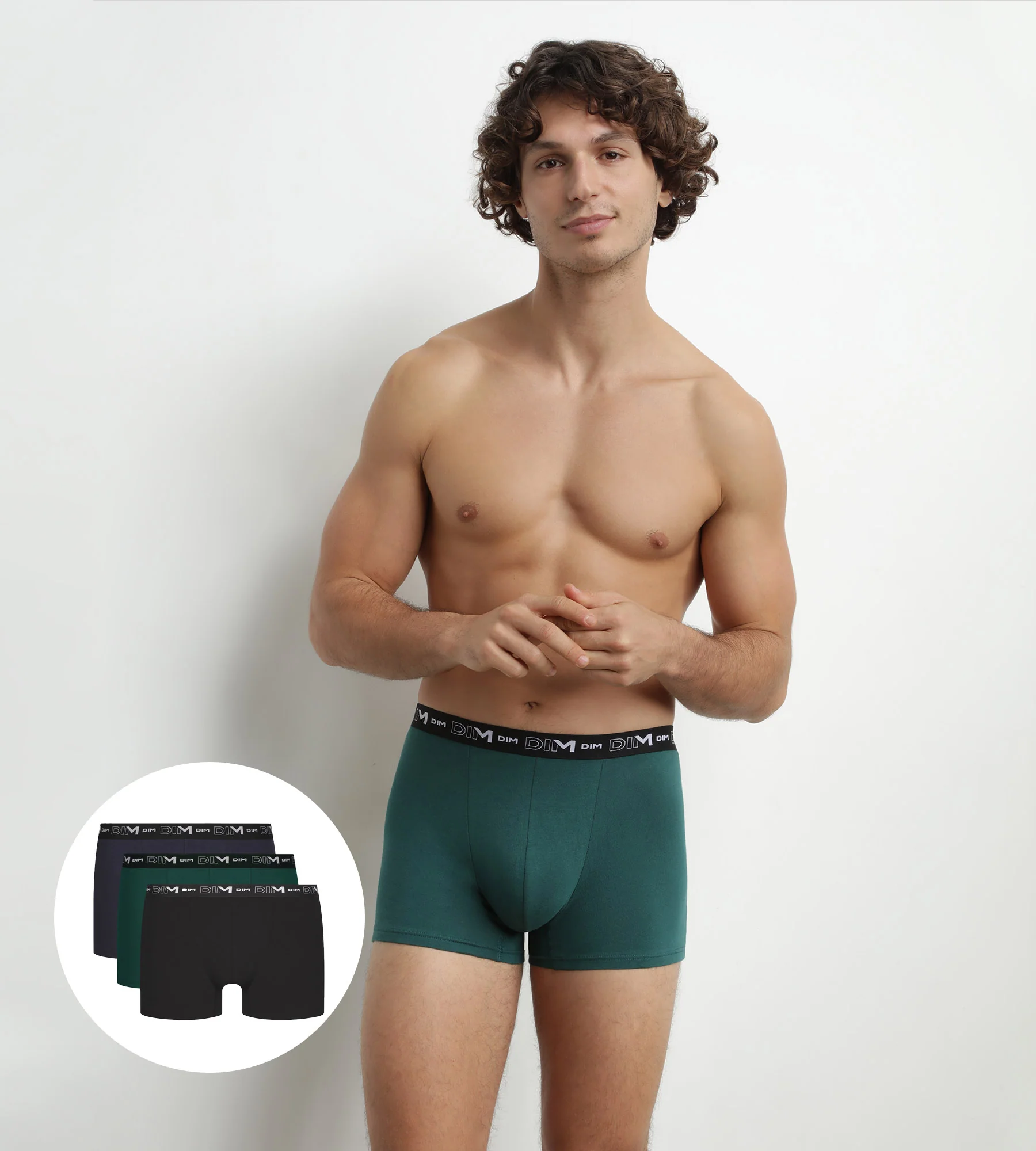 Lot de 3 boxers homme en coton Vert Bleu Dim Coton Stretch