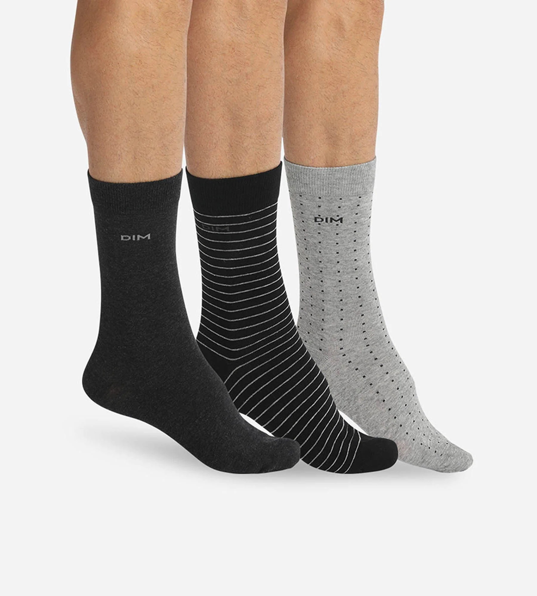 Lot de 3 chaussettes noires et anthracite pois rayures Homme