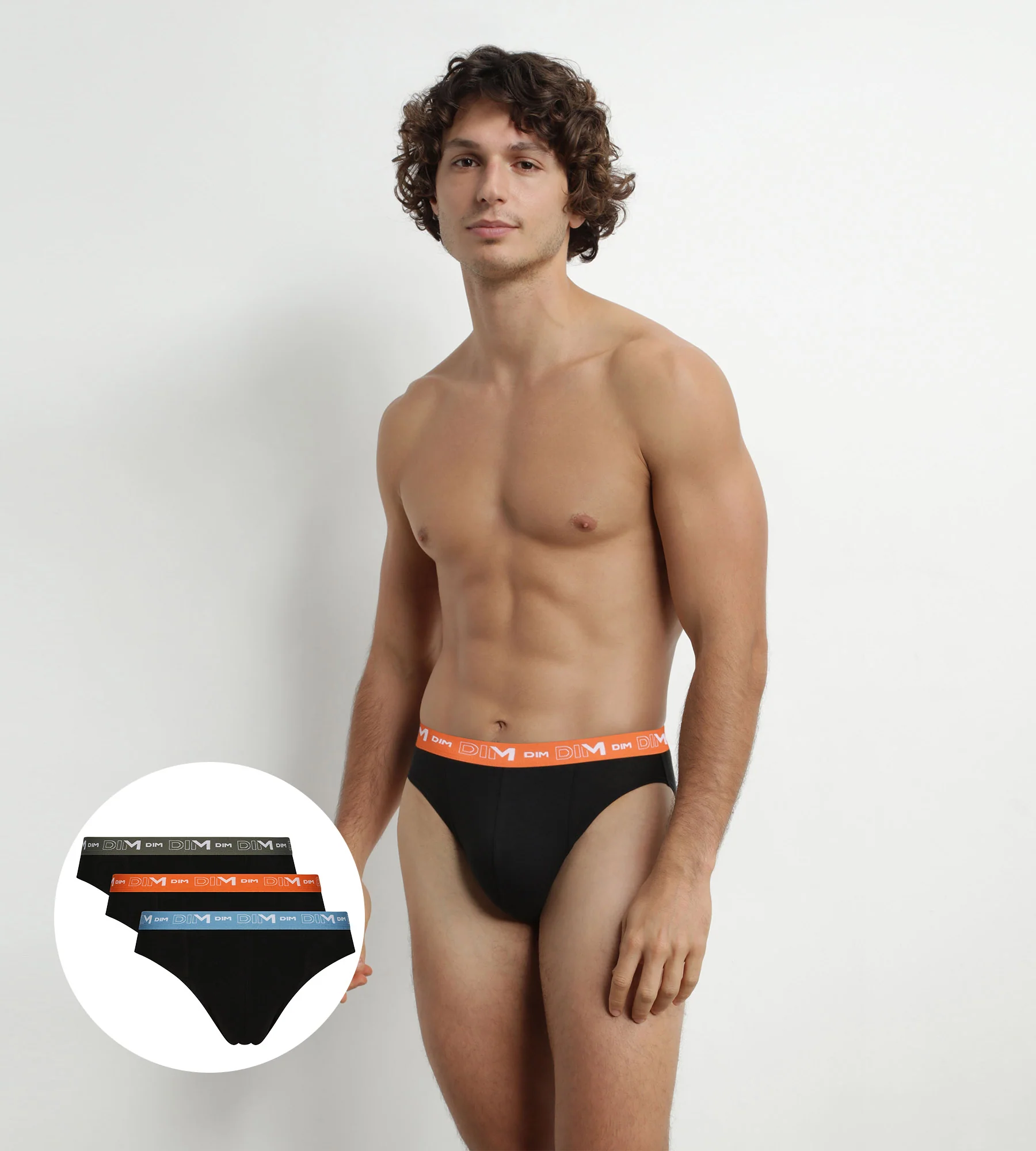 Lot de 3 slips homme Noir à ceinture Orange Vert Dim Coton Stretch