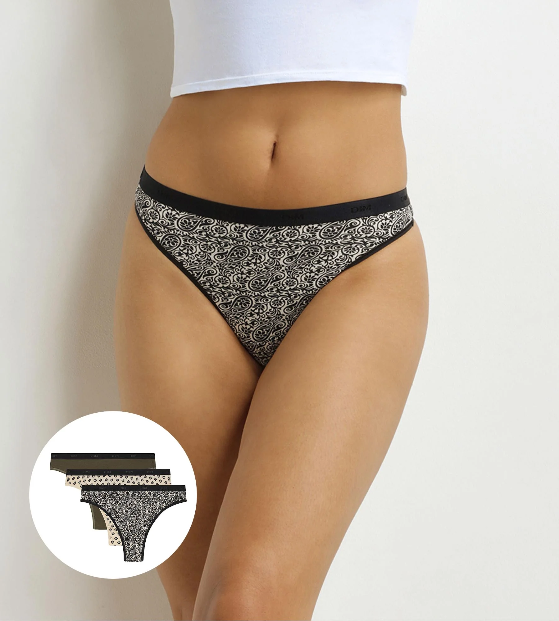 Lot de 3 strings femme motifs Ethniques Kaki Noir Les Pockets