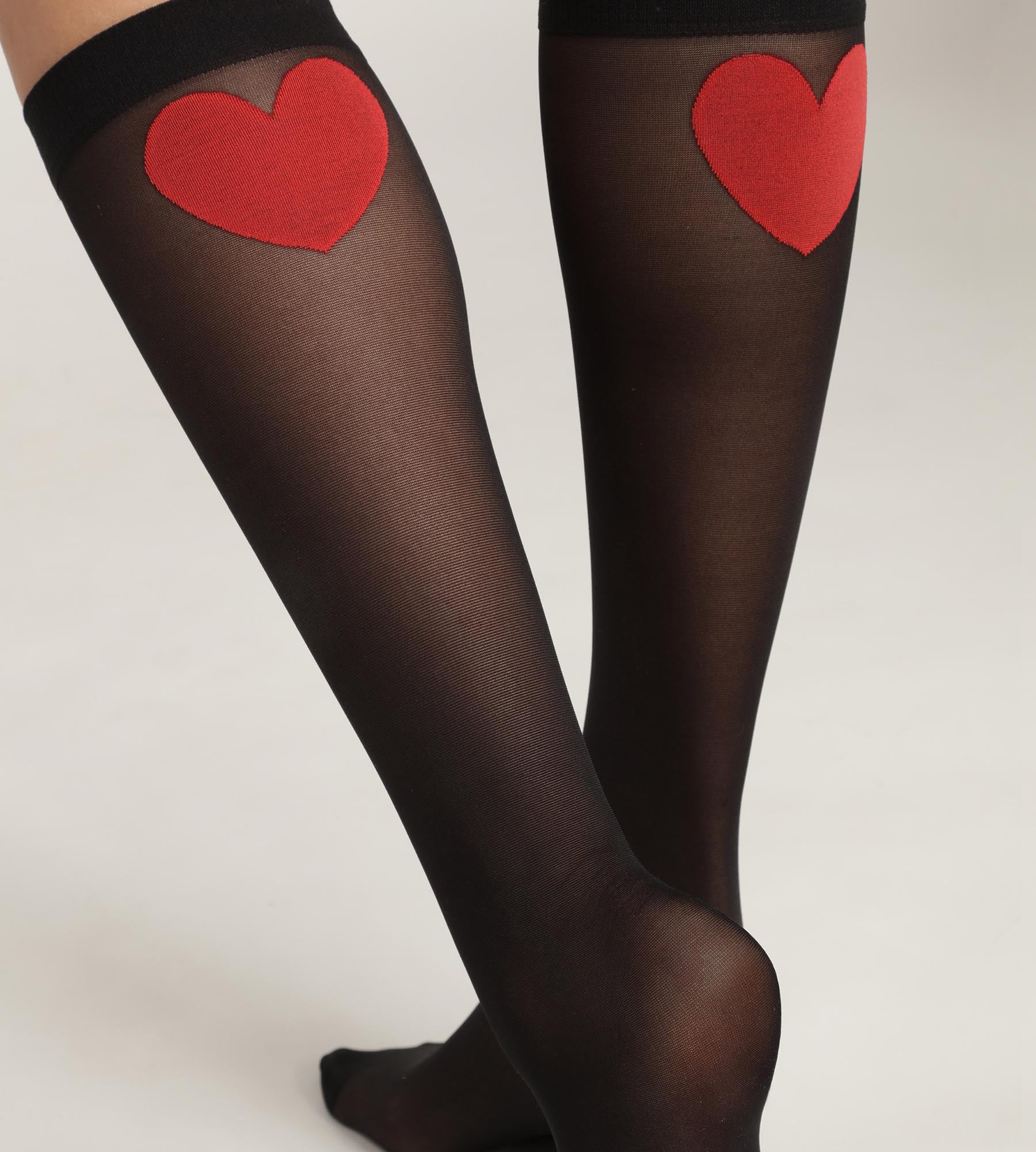 Mi-bas femme en voile transparent Noir motif coeur rouge Dim Style - Image 3
