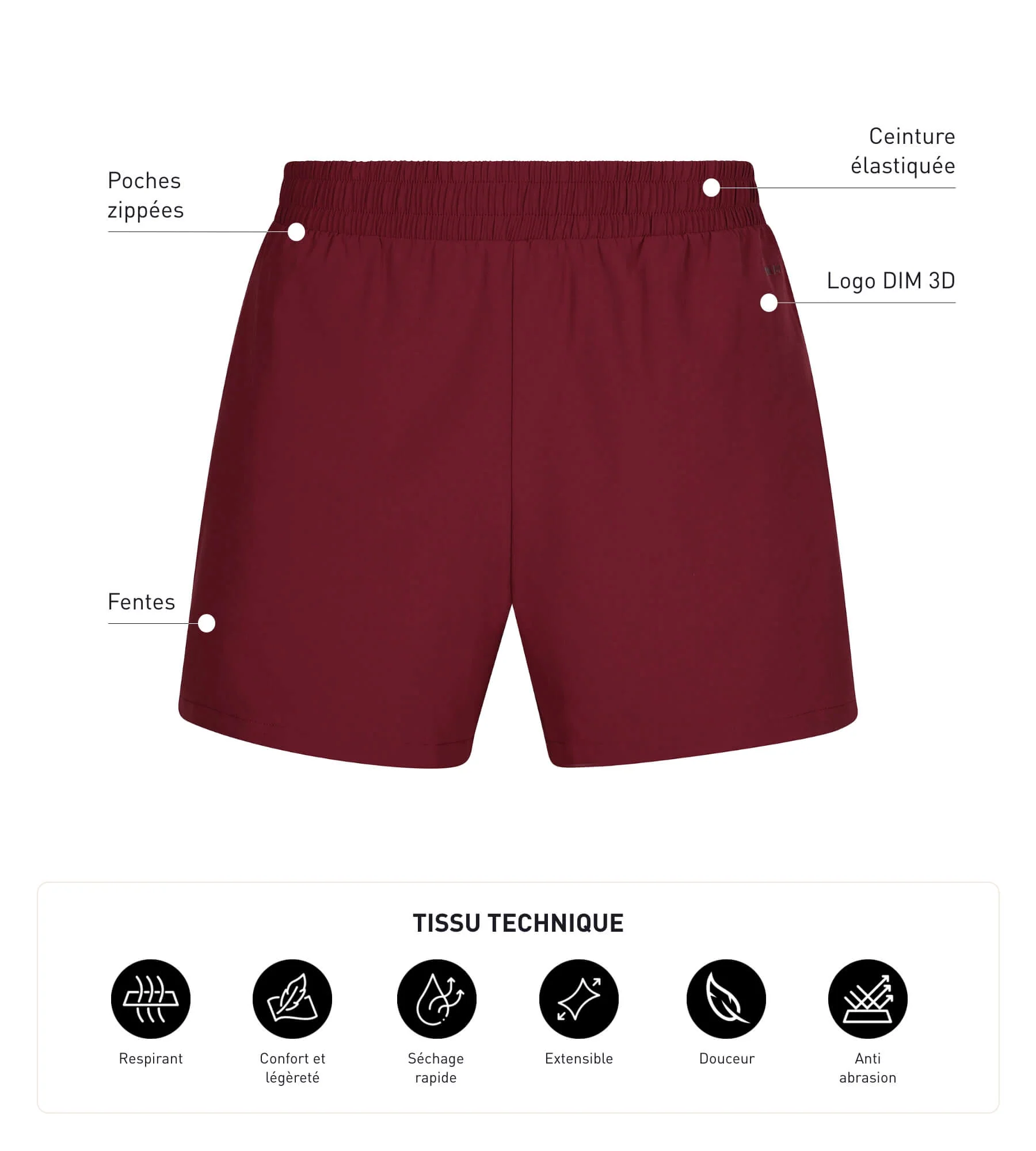 Short de sport homme en matière aérée Bordeaux Dim Move - Image 5